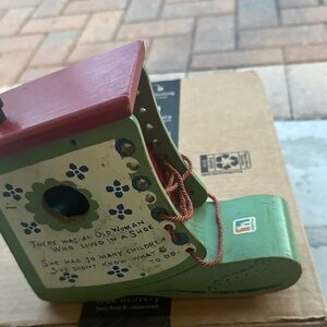 Vintage hand-Painted Wooden Shoe Toy or Birdhouse - Green & Red